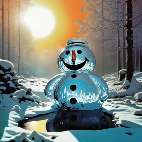 An intimate shot of a Dappled Light photo of frowning sad melting snowman under the sun, mostly a puddle, miserable, 3d render, hyper realistic, highly detailed, digital illustration., glow in the dark, Op art, art by Greta Knutson, Warhammer, by Jakub Rozalski, analog, by Haifa Zangana, by philippe druillet, by moebius inspired french comics art, the contrast in colors and textures should be distinct highly detailed,surreal,vibrant yet slightly desaturated, faded film, desaturated, 35mm photo, grainy, vignette, vintage, Kodachrome, Lomography, stained, highly detailed, found footage,