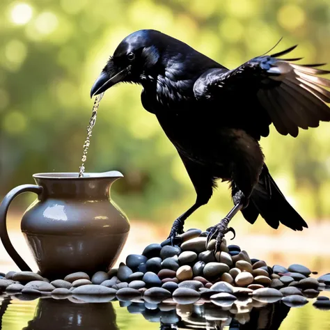 No entanto, when the raven tried to drink from the water that was inside the clay jug, He noticed that his beak couldn't get to the water, for the water level was very low. Ele tentou de todas as maneiras, but could not reach the water to quench his thirst.