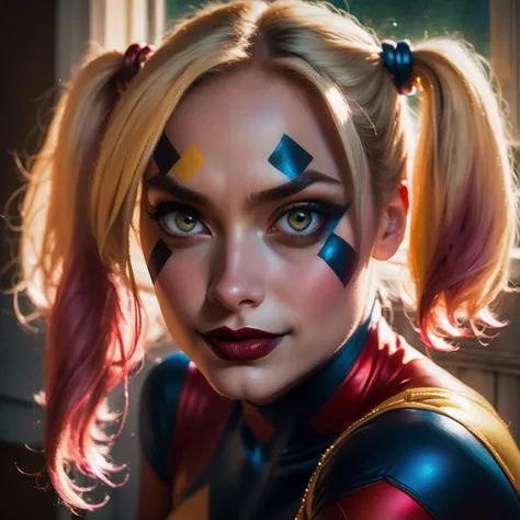 Dappled Light, photo portrait of the Harley Quinn \(dc comics\), colorful, realistic round eyes, dreamy magical atmosphere, superheroine costume, (skin texture) (film grain), (warm hue, warm tone:1.2), close up, cinematic light, sidelighting, photo by Cindy Sherman