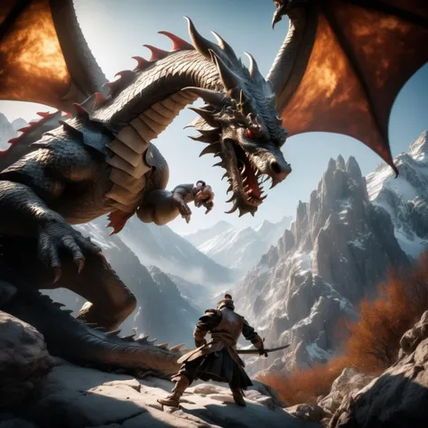 An intimate shot of a Dappled Light photo of rogue fighting a dragon, mountains, detailed background, masterpiece, best quality, high quality, absurdres,, backlight, super wide angle,