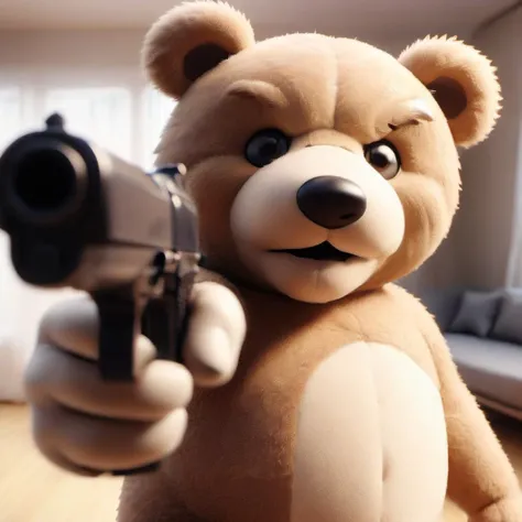 Action shot of a teddy bear pointing pistol at the viewer,child bedroom in background,HD,masterpiece,best quality,hyper detailed,ultra detailed,<lora:XL_Weapon_pistol:1>,pointing pistol,