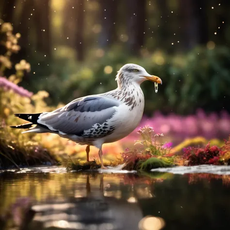 An intimate shot of a Dappled Light photo of close up view of Herring Gull  [drinking water] next to a pristine lake in a magical forest full of colorful flora. dreamlike atmosphere, night sky filled with the milky way galaxy <lora:offset_0.2:.1>, [f/16, shutter speed 1/250, iso 100, focal length 200mm], (midnight, dark, nighttime), volumetric lighting, tilt-shift,