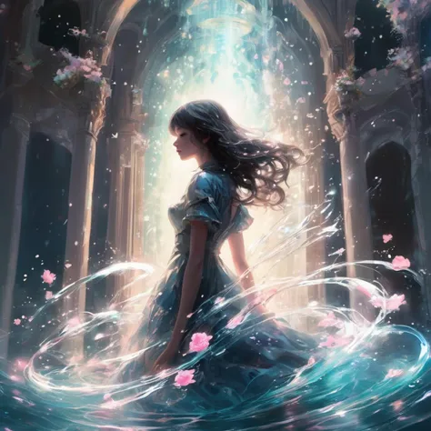 cgsociety style, bioluminiscent, (masterpiece, best quality, highres, anime art style, pixiv), (1girl, solo, in an abstract water), (romanticized, bloom, swirling lights, light particles),, dehazed, kawaii, The Castle of Shadows, photo by Howard Chandler Christy,
