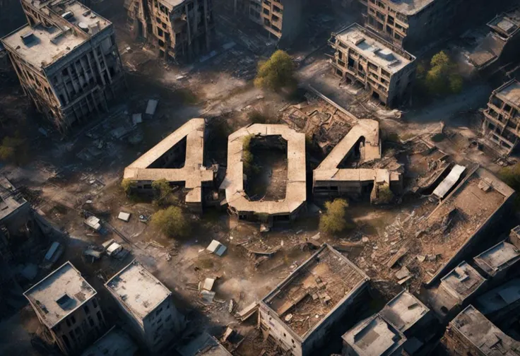 an aerial shot of "404" written on a demolished city ruins, birdseye view, ultradetailed, ultrarealistic, perfect blend, moody, dusty