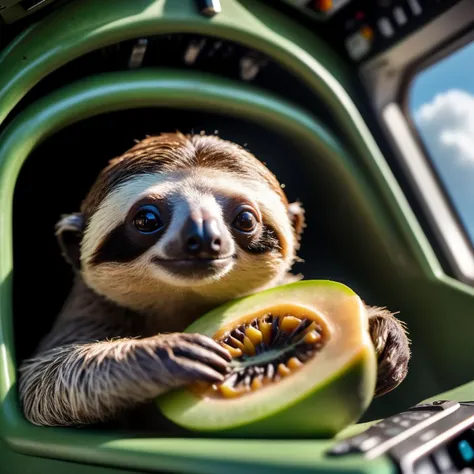 An intimate shot of a Dappled Light photo of close up photo of a slice of green papaya with A cute and tiny sloth captain inside the Space Shuttle's control cockpit,, beautiful texture, realistic, ((depth of field)), 8k, super detailed, tenebrism, super wide angle,