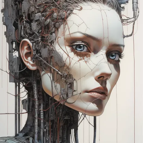 waist up, portrait painting  , dystopian surrealism, deathly fantastical  Nightmare ,Fusion of Nature and Technology, nightmarish, facing camera, Riley Reid, woman,  dynamic pose,  in a "ZdzisÅaw BeksiÅski" style painting ,oil on hardboard <lora:rileyreid_SDXL:0.8>