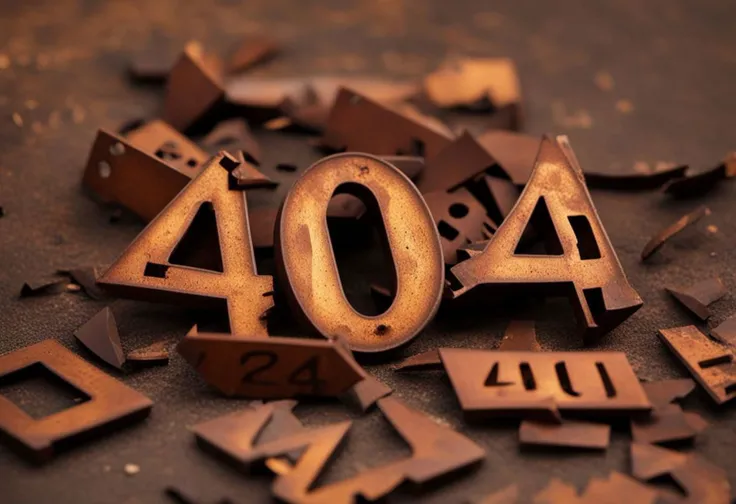 a photo of text "404" clearly formed by broken pieces of old rusty metal, cinematic