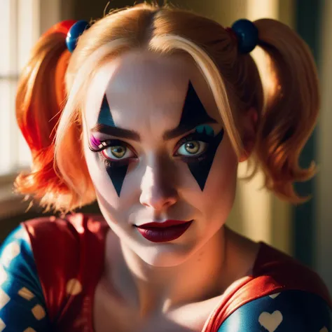 Dappled Light, photo portrait of the Harley Quinn \(dc comics\), colorful, realistic round eyes, dreamy magical atmosphere, superheroine costume, (skin texture) (film grain), (warm hue, warm tone:1.2), close up, cinematic light, sidelighting, photo by Cindy Sherman