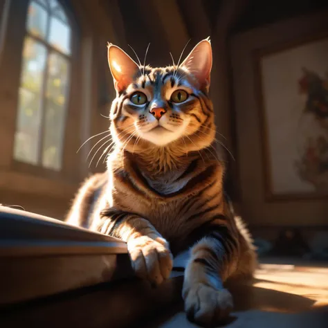 An intimate shot of a Dappled Light photo of a Tabby Cat in free fire style, highly detailed, digital painting, artstation, concept art, smooth, sharp focus, illustration, art by artgerm and greg rutkowski and alphonse mucha,, moody lighting, super wide angle,