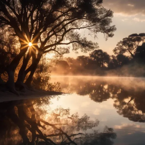 Dappled Light, photo , Acacia tree is reflected in the water at sunset or dawn with the sun shining through the clouds and reflecting in the water, reflective, a picture, naturalism,  dreamy magical atmosphere, (skin texture), (film grain), (warm hue, warm tone),  cinematic light, side lighting,