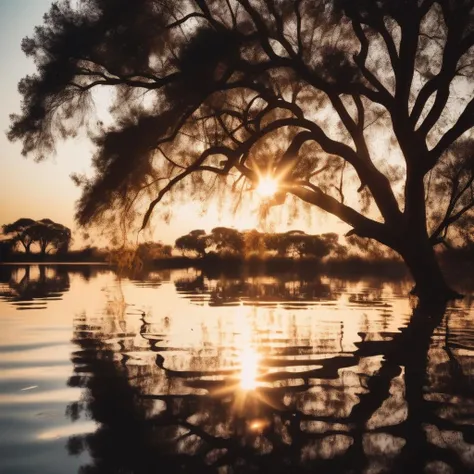 Dappled Light, photo , Acacia tree is reflected in the water at sunset or dawn with the sun shining through the clouds and reflecting in the water, reflective, a picture, naturalism, dreamy magical atmosphere, (skin texture), (film grain), (warm hue, warm tone), cinematic light, side lighting,