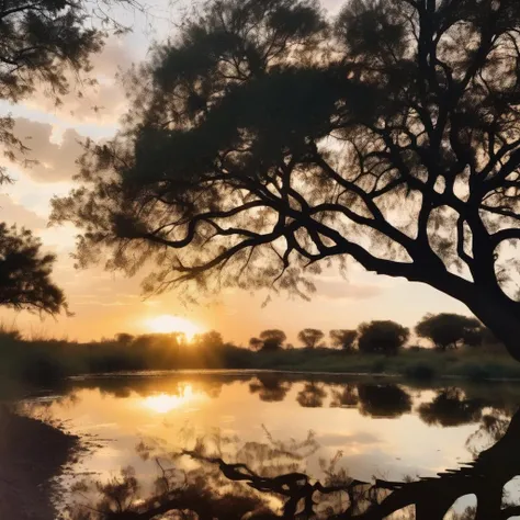 Dappled Light, photo , Acacia tree is reflected in the water at sunset or dawn with the sun shining through the clouds and reflecting in the water, reflective, a picture, naturalism, dreamy magical atmosphere, (skin texture), (film grain), (warm hue, warm tone), cinematic light, side lighting,