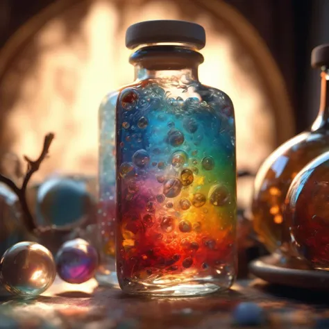 Dappled Light, photo , the entire observable universe in a single bottle, Dreamlike ,Surreal landscapes, Mystical creatures, Twisted reality, Surreal still life, (Extremely Detailed Oil Painting:1.2), glow effects, godrays, Hand drawn, render, 8k, octane render, cinema 4d, blender, dark, atmospheric 4k ultra detailed, cinematic sensual, Sharp focus, humorous illustration, big depth of field, Masterpiece, colors, 3d octane render, 4k, concept art, trending on artstation, hyperrealistic, Vivid colors, extremely detailed CG unity 8k wallpaper, trending on ArtStation, trending on CGSociety, Intricate, High Detail, dramatic, (masterpiece),(best quality),(ultra-detailed),(unrealengine)(octanerender)(HDR),,  dreamy magical atmosphere, (skin texture), (film grain), (warm hue, warm tone),  cinematic light, side lighting,