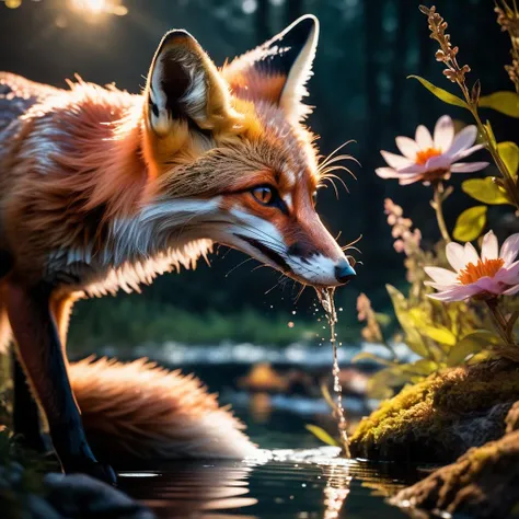 Dappled Light, photo , close up view of fox [drinking water] next to a pristine lake in a magical forest full of colorful flora. dreamlike atmosphere, night sky filled with the milky way galaxy <lora:offset_0.2:.1>, [f/16, shutter speed 1/250, iso 100, focal length 200mm], (midnight, dark, nighttime),  dreamy magical atmosphere, (skin texture), (film grain), (warm hue, warm tone),  cinematic light, side lighting,