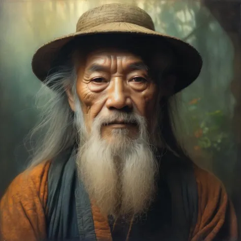 Dappled Light, photo portrait of a character, intricate pencil sketch mugshot of an old Vietnamese man with long beard:: Tom Bagshaw, Zdzislaw Beksinski, Yoshitaka Amano, Raffaello Ossola, Martin Wittfooth, Luigi Spano, Vladimir Kush :: stunning interpretive visual,, colorful, realistic eyes, dreamy magical atmosphere, (skin texture), (film grain), (warm hue, warm tone), cinematic light, side lighting,