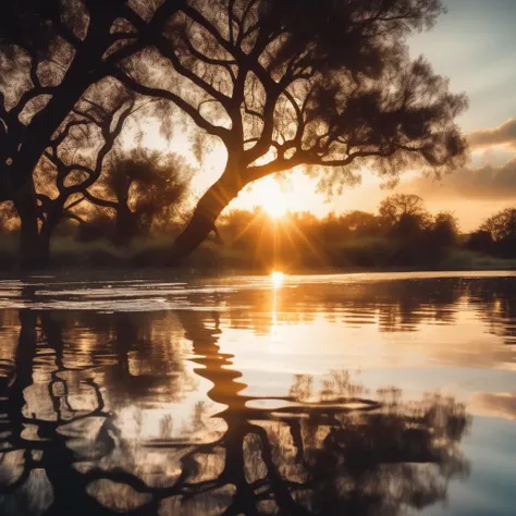 Dappled Light, photo , Acacia tree is reflected in the water at sunset or dawn with the sun shining through the clouds and reflecting in the water, reflective, a picture, naturalism, dreamy magical atmosphere, (skin texture), (film grain), (warm hue, warm tone), cinematic light, side lighting,