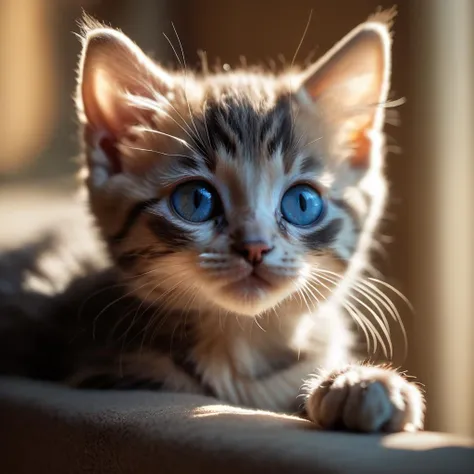 Dappled Light, photo , animal, animal focus, blue eyes, kitten, looking at viewer, no humans, realistic, dreamy magical atmosphere, (skin texture), (film grain), (warm hue, warm tone), cinematic light, side lighting,
