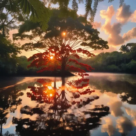 Dappled Light, photo , Royal Poinciana tree is reflected in the water at sunset or dawn with the sun shining through the clouds and reflecting in the water, reflective, a picture, naturalism, dreamy magical atmosphere, (skin texture), (film grain), (warm hue, warm tone), cinematic light, side lighting,