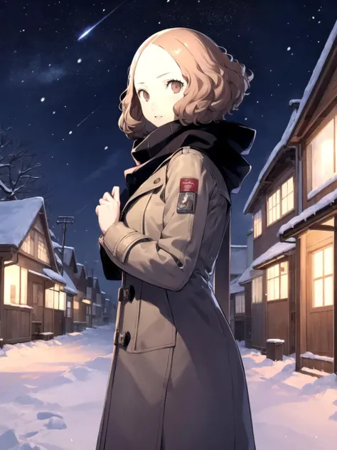 masterpiece, best quality, 1girl, solo, dsharu, brown hair, short hair, brown eyes, winter coat, scarf, standing, outdoors, snowy village, night sky, cowboy shot, (soejima shigenori, persona 5:0.8)
 <lyco:dsharu_lc_768:1>