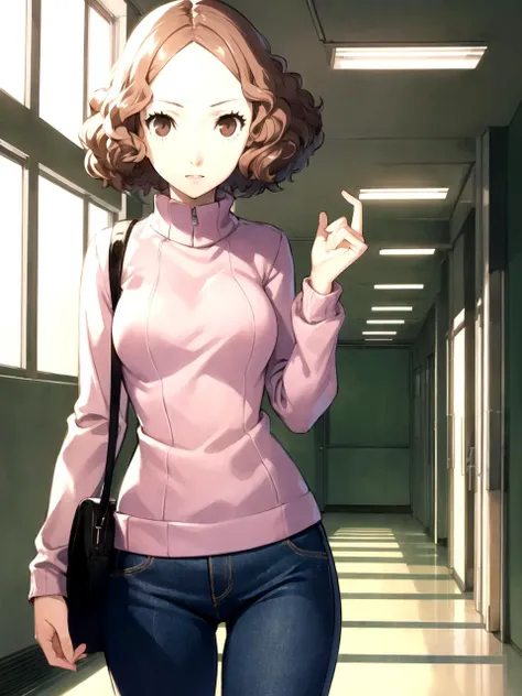 masterpiece, best quality, 1girl, solo, dsharu, brown hair, short hair, brown eyes, pink sweater, jeans, standing, school hallway, cowboy shot, (soejima shigenori, persona 5:0.8)
<lyco:dsharu_lc_768:1>