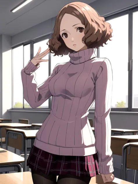 masterpiece, best quality, 1girl, solo, dsharu, brown hair, short hair, brown eyes, pink ribbed sweater, turtleneck, plaid skirt, white floral print pantyhose, school uniform, standing, indoors, classroom, detailed background, cowboy shot
<lyco:dsharu-v2_lc_768:1> <lyco:p5-anime_style_lc:0.6>