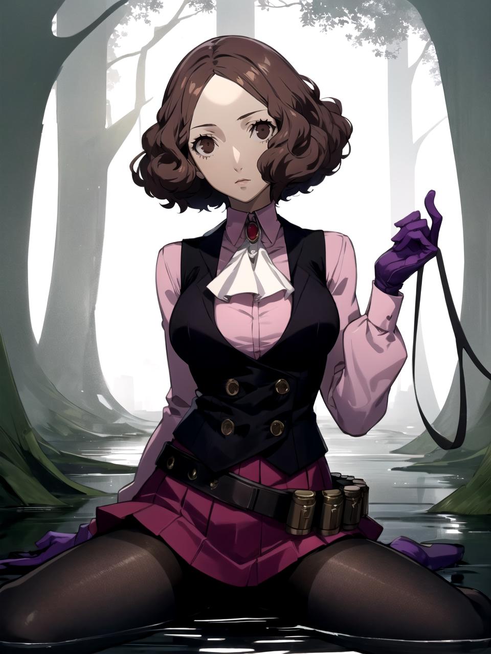 A woman in a purple dress sitting on a rock in a forest - SeaArt AI
