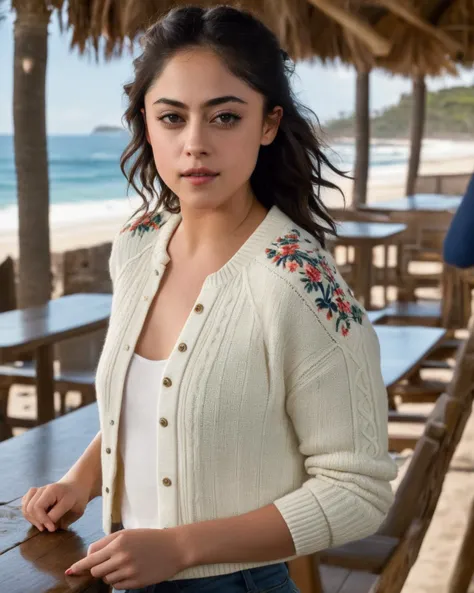 rosa_salazar,<lora:RosaSalazarXL:1>, a beautiful woman, working as a barkeeper at a beach bar, jamaica, island palms, outdside, (white sweater, blue jacket, jeans),, ,((sharp face, detailed face, realistic face, naturtal skin, realistic skin, detailed skin, pores)), ,((perfect eyes, detailed eyes,realistic eyes))