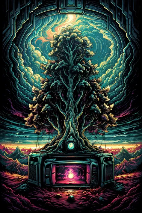 Microwave oven hanging on a tree in swirling clouds, danmumford_soul3142, p1ld3 style <lora:dan_mumford:0.6> <lora:Pill p1ld31:0.6> <lora:Add More Details:0.74>