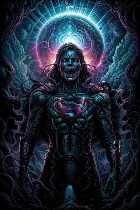 Close up - Screaming Superman astrona packed in Lovecraft style In space in swirling clouds, <lora:Add More Details:0.80>