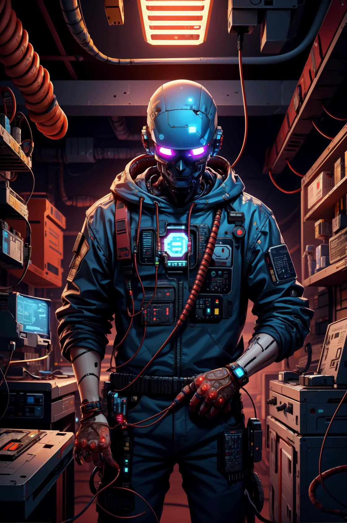 <lyco:p1ld31:1.2>,(best quality:1.1),original,1boy,android,(damaged:1.3),(loose cables:1.3),(intricate circuitry:1.2),(synthetic blood:1.1),looking down,mechanical,garage,pild3 style