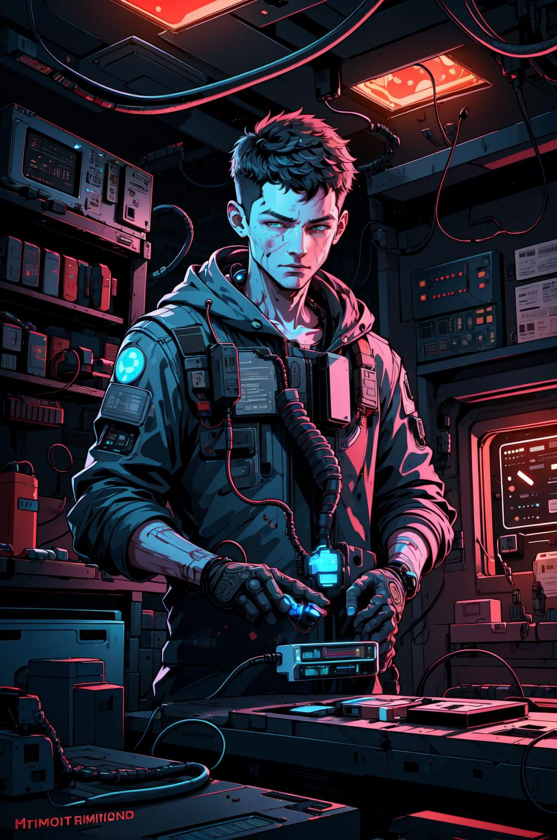 <lyco:p1ld31:1.2>,(best quality:1.1),original,1boy,android,(damaged:1.3),(loose cables:1.3),(intricate circuitry:1.2),(synthetic blood:1.1),looking down,mechanical,garage,pild3 style