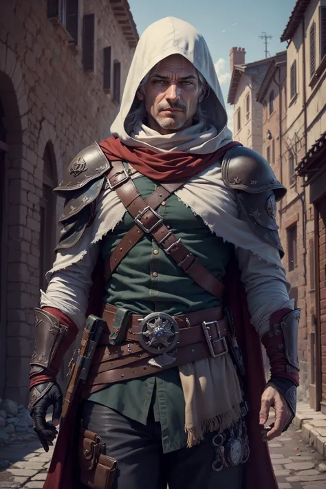 (masterpiece, top quality, best quality),
(1man, muscular adult [russian:japanese:0.3] male:1.2),  green eyes, white hair, short mustache,
portrait,  looking at viewer, solo, half shot, detailed background, Rome, renaissance theme,  assassins creed, hired assassin,  gray tattered  assassin clothes, hood, capelet, leather pouches, small knives, straps, rebel, dynamic pose, fighting, castle walls in background, floating particles, dirt, 
<lora:p1ld31:1>, pild3,