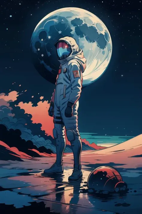 <lyco:p1ld31:1.0>, a man in a spacesuit standing in front of the collapsing blue moon p1ld3 style