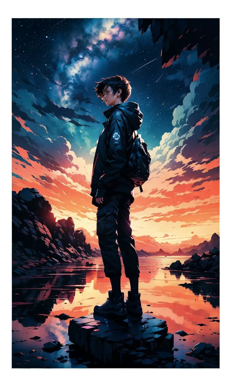 masterpiece, 1girl, girl standing on a rock, looking at a star filled sky, makoto shinkai, cosmic skies, shooting stars, galaxy , milky way, <lora:EF-p1ld31:0.85> p1ld3 style <lora:LAS:0.5> CLOUD,COLORFUL <lora:Scene:0.5> scene <lora:Perfect Color:0.5> <lora:Painted_poster_V1-000035_1_pp:0.5> Painted poster<lora:EF-GoodHands-beta2:0.5><lora:EF-GoodHands-beta2:0.5>