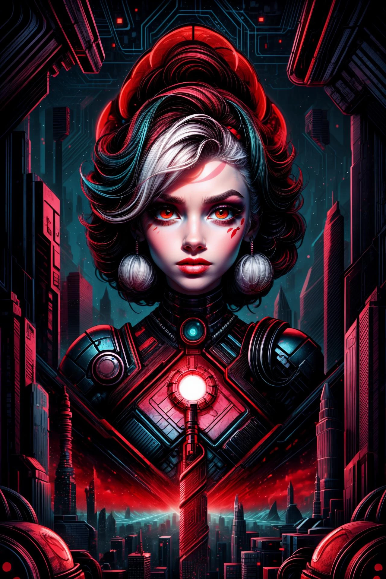 (red eyes, white hair:1.0), colorfull makeup, A sprawling futuristic metropolis that spans both above and below the ocean's surface , <lora:add_detail:2>, <lora:p1ld31:0.8> p1ld3 Style
