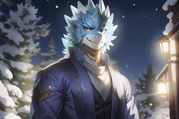 by pgm300,by fuguri,by kiyosan,by milkytiger1145,
solo,anthro,dragon,smile,detail scales,scales,male,
looking at viewer,(full body:1.3),
(dark shadows, wide dynamic range, hdr, low light:1.1),
snow,white suit,detail background,
<lora:Velkhana-000015:0.9>,