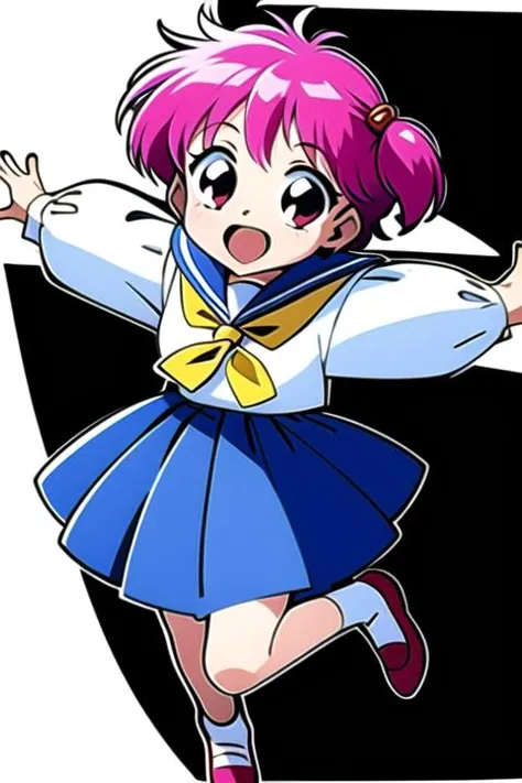 simple background,  1girl, solo, full body,  arms raised in the air,
<lora:wapiko:1>, wapiko, pink hair,  
 <lora:1990s:0.5>