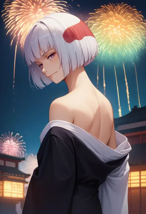 score_9, score_8_up, score_7_up, source_anime, from behind, solo, 1girl, uraume, smirk, expressionless, looking back, bob cut, purple eyes, japanese clothes, black kimono, white kimono, off shoulder, long sleeves, wide sleeves, bare shoulders, fireworks <lora:jjk_uraume_ponyXL:1>