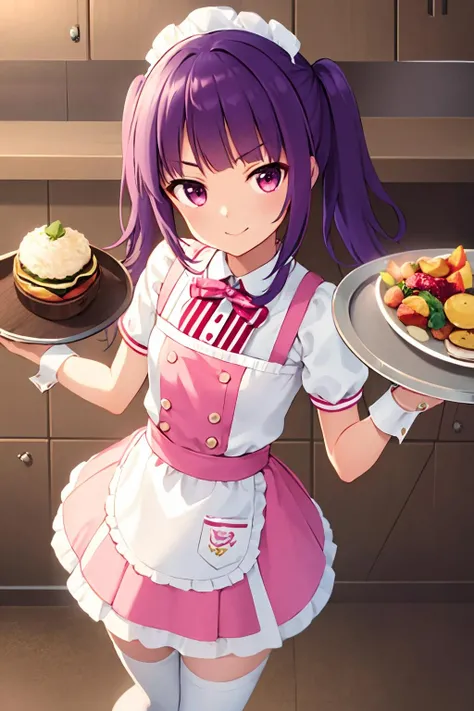 16k, highres, masterpiece, best quality,
cinematic film still,
ayaka, 1girl, solo, twintails, blunt bangs, flat chest,
anna miller, waitress, (white shirt:1.2), pink skirt, vertical stripes, waist apron, white apron, wrist cuffs, white thighhighs,zettai ryouiki, white headdress,
(cheerful:1.3), smile, serving, tray, in restaurant, dynamic pose, from above,
<lora:Ichijou Ayaka-v1:0.8>,
shallow depth of field, vignette, highly detailed, high budget, bokeh, cinemascope, moody, epic, gorgeous,
film grain, grainy,