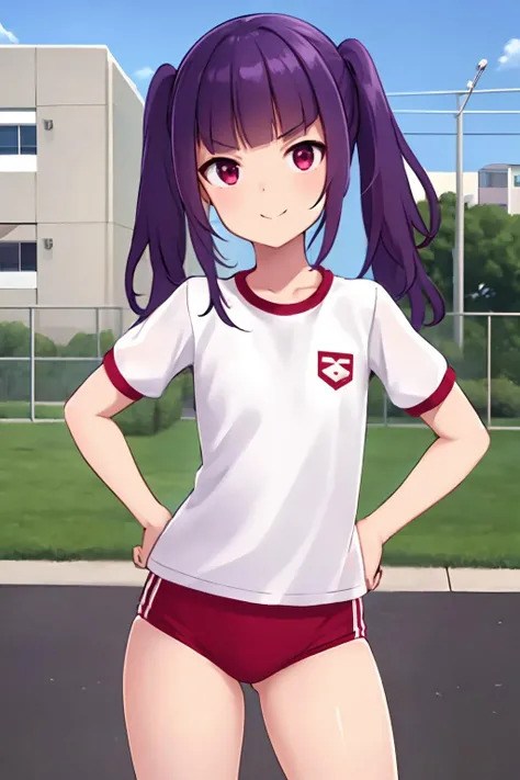 16k, highres, masterpiece, best quality,
cinematic photo,
ayaka, 1girl, solo, twintails, blunt bangs, flat chest,
gym uniform, red buruma, white shirt,
hands on hips, smug, outdoors,
<lora:Ichijou Ayaka-v1:0.8>,
35mm photograph, film, bokeh, professional, 4k, highly detailed,
