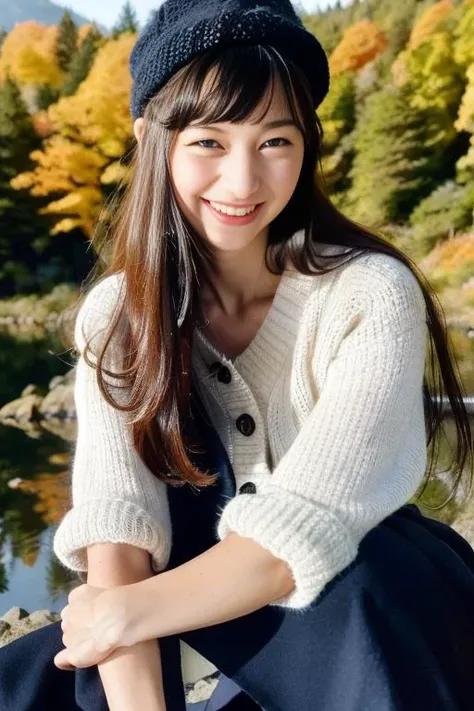 1girl,(wearing a cardigan and long skirt:1.2),(wearing a wooly beret),(RAW photo, best quality), (realistic, photo-realistic:1.4), masterpiece, an extremely delicate and beautiful, extremely detailed, 2k wallpaper, Amazing, finely detail, extremely detailed CG unity 8k wallpaper, ultra-detailed, highres, soft light, beautiful detailed girl, extremely detailed eyes and face, beautiful detailed nose, beautiful detailed eyes,cinematic lighting,(in a beautiful forest of pine trees at a Japanese countryside),(autumn scenery:1.3),(maple trees in autumn),(by a small rocky river),(morning light),perfect anatomy,slender body,<lora:nakajoayami_lora:1>,(posing for a picture),(close up),(smiling),(autumn leaves falling),(campsite)