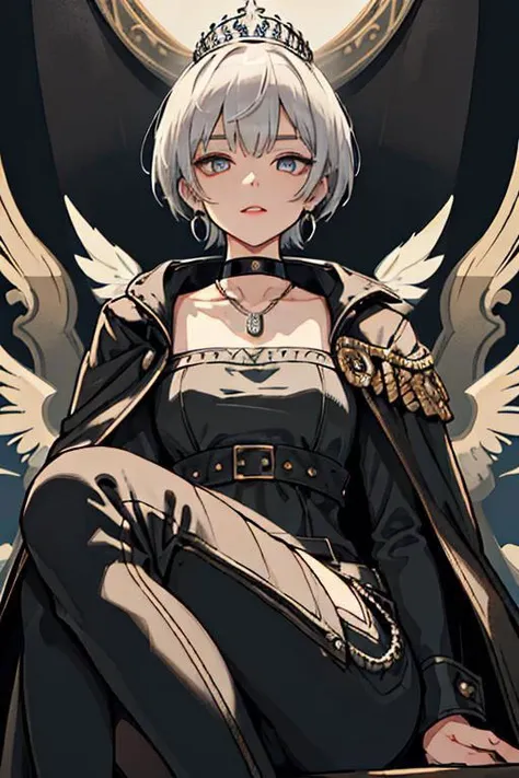 (best quality, masterpiece:1.3), 1girl, upper body, pixie cut, oversized, distressed jacket with patches and pins, paired with black skinny pants and combat boots, silver hoop earrings and a black choker necklace, queen, royal, tiara, royal crest, cape, parted lips, throne, ornate clothes, ornate ring, ornate, perfect eyes, eyeliner, hand on own chin, sitting, pov, from below,