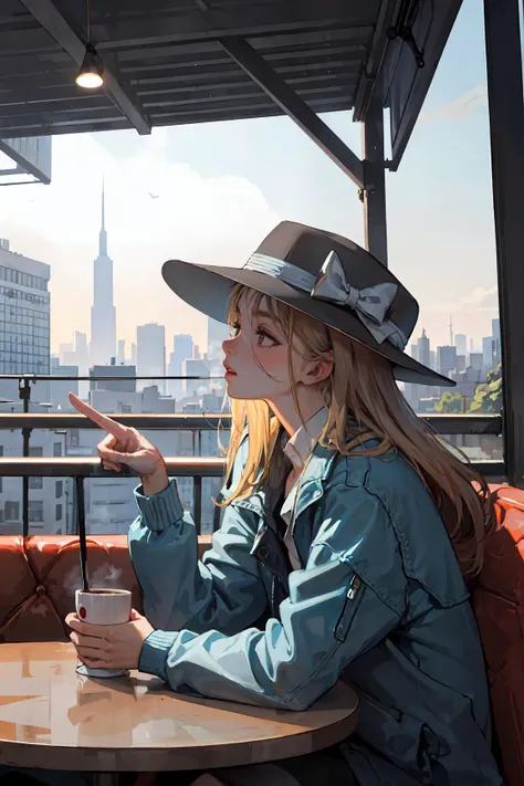 (masterpiece:1.2, best quality), (1lady, solo, upper body:1.2), bustling cityscape, with tall buildings and busy streets. The sky is a hazy shade of blue, and the air is filled with the sound of car horns and chatter. In the foreground, a street musician plays a tune on his guitar, his hat laid out for tips. People hurry past, going about their day. A couple sits at a nearby caf, sipping coffee and watching the world go by. The scene captures the energy and vitality of city life.