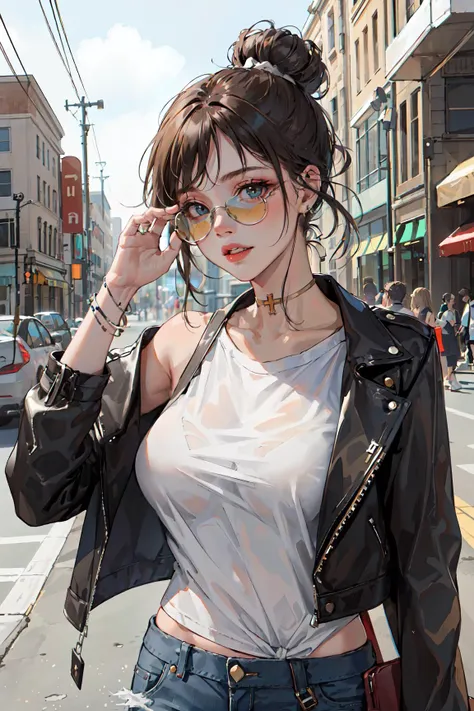 (masterpiece:1.2, best quality), 1lady, solo, upper body, big tits,
Chic and edgy leather jacket paired with a classic white t-shirt and distressed jeans
Confident and effortless with minimal makeup and a messy bun
(Music festival or a trendy downtown neighborhood)
Statement sunglasses and chunky jewelry, with a cross-body bag for convenience