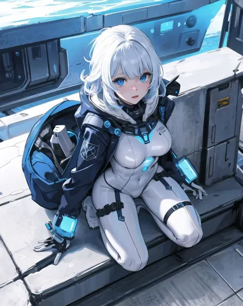 biopunk, 1girl, detailed background, blue eyes, ice planet, cyberpunk, ocean planet, ship, white plugsuit