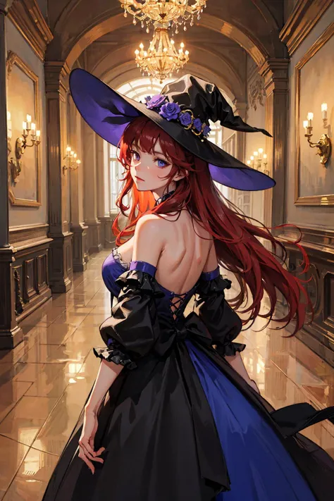 (masterpiece, best_quality, intricate_details, high_resolution, hyperdetailed, highly_detailed), A beautiful woman walks in the castle., back, purple palace, western castle, dreamy atmosphere, From_Behind, Light with harmonious purple and yellow, from_very_far_away, looking_afar, full shot, cinematic lighting, neon lights, depth of field, HDR, highly_detailed_background,red hair, absurdly_long_hair, 1female, giant, glamor, black wizard dress, wizard hat, ligne_claire, traditional_media, watercolor pencil \(medium\)