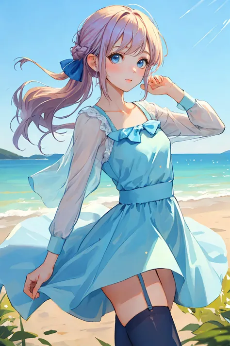 (masterpiece:1.4),(best quality:1.4),(looking at viewer),
cowboy shot,
curious face,
no_legwear,
outdoors,
dawn,
girl,
summer,
small breasts,
straight hair,
updo,
(light blue theme),