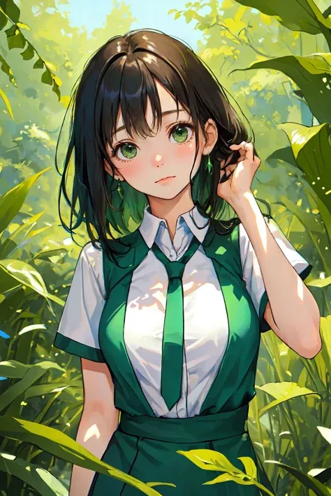 (masterpiece:1.4),(best quality:1.4),(looking at viewer),
upper body,
shy face,
legwear,
outdoors,
day,
girl,
summer,
medeum breasts,
fringe,
layered style,
(green theme),