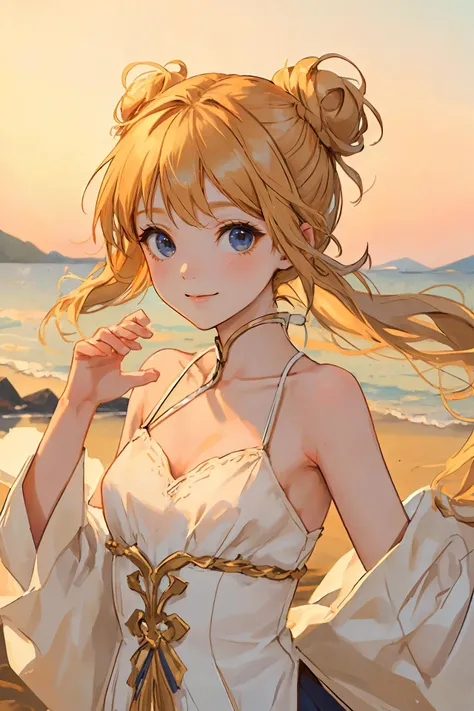 (masterpiece:1.4),(best quality:1.4),(looking at viewer),
upper body,
(happy face:0.8),
legwear,
outdoors, 
dawn,
girl,
summer,
small breasts,
fringe,
Top knot,
(ivory theme),