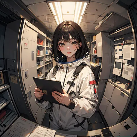 Mysterious, (SF:1.2), indoors, in space, spacecraft, spacesuit, writing, universe, space,
1girl, looking at viewer, detail gold eyes, (masterpiece , best quality), fish-eye lens,